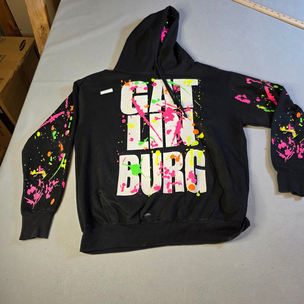 Popular Sports Gatlinburg Hoodie Black Neon Paint Splatter Graphic Sweatshirt M